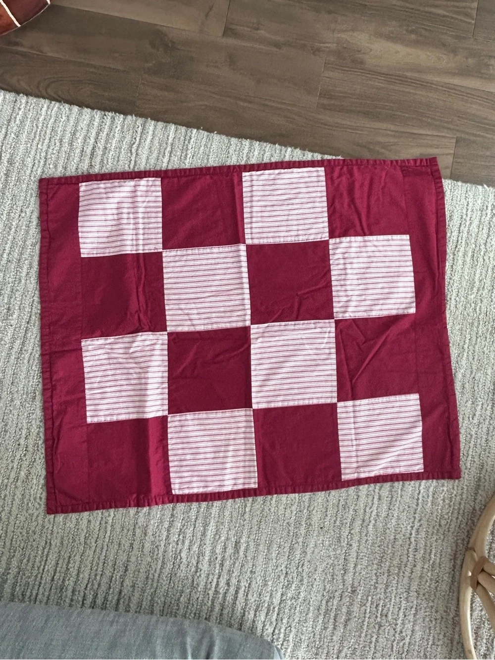 Made in Spain Cotton Checkered Patchwork Lap Quilt Baby Quilt - Burgundy / White